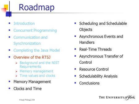 © Andy Wellings, 2004 Roadmap  Introduction  Concurrent Programming  Communication and Synchronization  Completing the Java Model  Overview of the.