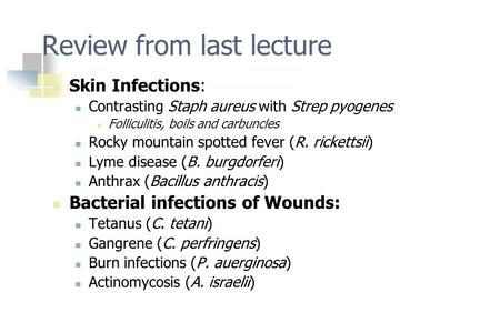 Review from last lecture Skin Infections: Contrasting Staph aureus with Strep pyogenes Folliculitis, boils and carbuncles Rocky mountain spotted fever.