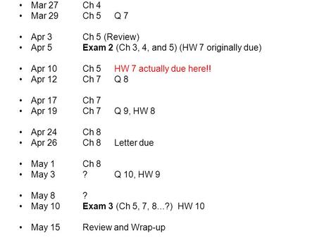 Mar 27Ch 4 Mar 29Ch 5 Q 7 Apr 3Ch 5 (Review) Apr 5Exam 2 (Ch 3, 4, and 5) (HW 7 originally due) Apr 10Ch 5HW 7 actually due here!! Apr 12Ch 7Q 8 Apr 17Ch.