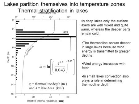 The thermocline occurs deeper in large lakes because wind energy is transmitted to greater depths Wind energy increases with fetch In small lakes convection.