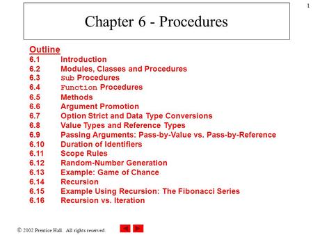  2002 Prentice Hall. All rights reserved. 1 Chapter 6 - Procedures Outline 6.1Introduction 6.2 Modules, Classes and Procedures 6.3 Sub Procedures 6.4.