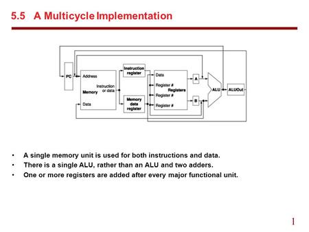 1 5.5 A Multicycle Implementation A single memory unit is used for both instructions and data. There is a single ALU, rather than an ALU and two adders.