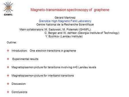 Outline:  Introduction: One electron transitions in graphene  Experimental results  Magnetoplasmon picture for tansitions involving n=0 Landau levels.