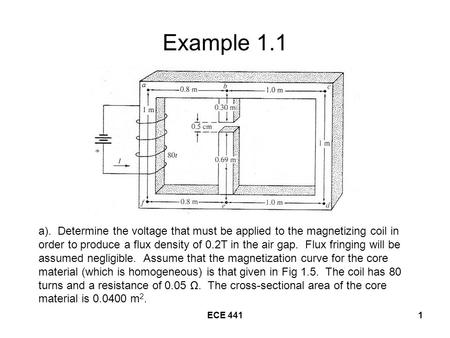 Example 1.1 a). Determine the voltage that must be applied to the magnetizing coil in order to produce a flux density of 0.2T in the air gap. Flux fringing.