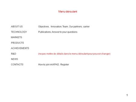 1 ABOUT USObjectives, Innovation, Team, Our partners, carrier TECHNOLOGYPublications, Answer to your questions MARKETS PRODUCTS ACHIEVEMENTS R&D(ne pas.