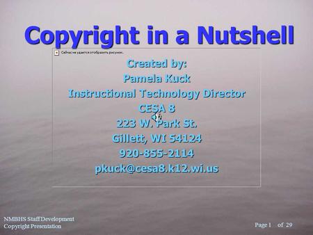 Of 29 NMBHS Staff Development Copyright Presentation Page 1 Created by: Pamela Kuck Instructional Technology Director CESA 8 223 W. Park St. Gillett, WI.