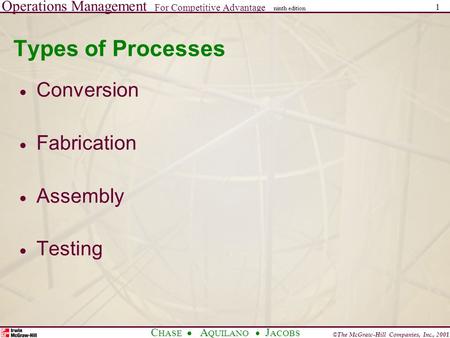 Operations Management For Competitive Advantage © The McGraw-Hill Companies, Inc., 2001 C HASE A QUILANO J ACOBS ninth edition 1 Types of Processes  Conversion.