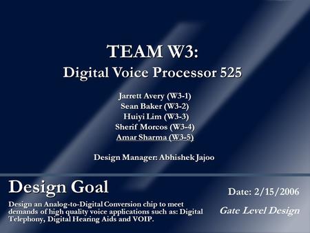 Design Goal Design an Analog-to-Digital Conversion chip to meet demands of high quality voice applications such as: Digital Telephony, Digital Hearing.