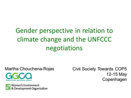 Gender perspective in relation to climate change and the UNFCCC negotiations Civil Society Towards COP5 12-15 May Copenhagen Martha Chouchena-Rojas.