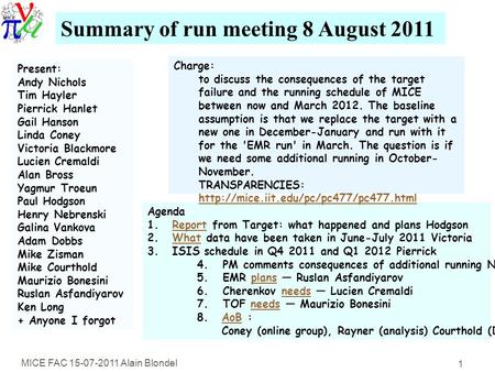 MICE FAC 15-07-2011 Alain Blondel 1 Summary of run meeting 8 August 2011 Present: Andy Nichols Tim Hayler Pierrick Hanlet Gail Hanson Linda Coney Victoria.