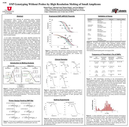 SNP Genotyping Without Probes by High Resolution Melting of Small Amplicons Robert Pryor 1, Michael Liew 2 Robert Palais 3, and Carl Wittwer 1, 2 1 Dept.