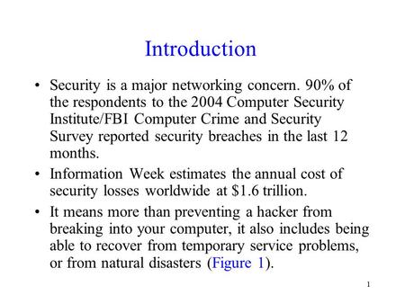 Introduction Security is a major networking concern. 90% of the respondents to the 2004 Computer Security Institute/FBI Computer Crime and Security Survey.