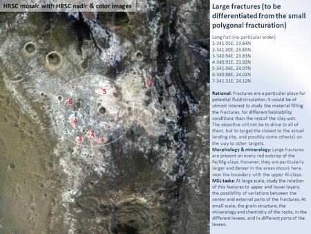 Large fractures (to be differentiated from the small polygonal fracturation) Long/lat: (no particular order) 1-341.05E, 23.84N 2-341.00E, 23.85N 3-340.94E,