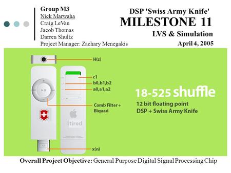 Group M3 Nick Marwaha Craig LeVan Jacob Thomas Darren Shultz Project Manager: Zachary Menegakis April 4, 2005 MILESTONE 11 LVS & Simulation DSP 'Swiss.