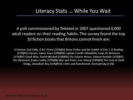 Literacy Stats … While You Wait A poll commissioned by Teletext in 2007 questioned 4,000 adult readers on their reading habits. The survey found the top.