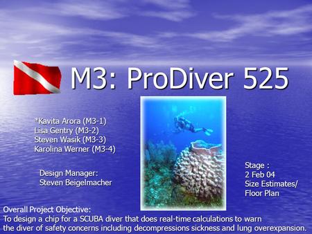 M3: ProDiver 525 *Kavita Arora (M3-1) Lisa Gentry (M3-2) Steven Wasik (M3-3) Karolina Werner (M3-4) Stage : 2 Feb 04 Size Estimates/ Floor Plan Overall.