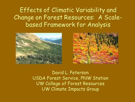 Effects of Climatic Variability and Change on Forest Resources: A Scale- based Framework for Analysis David L. Peterson USDA Forest Service, PNW Station.