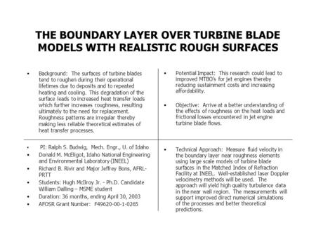 THE BOUNDARY LAYER OVER TURBINE BLADE MODELS WITH REALISTIC ROUGH SURFACES Background: The surfaces of turbine blades tend to roughen during their operational.