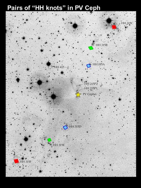 Pairs of “HH knots” in PV Ceph. Pairs at similar distances=“jets”, and connectors should pass through source Warning: Hypothetical!