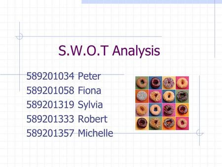 S.W.O.T Analysis 589201034 Peter 589201058 Fiona 589201319 Sylvia 589201333 Robert 589201357 Michelle.