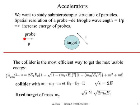 A. Bay Beijing October 20051 Accelerators We want to study submicroscopic structure of particles. Spatial resolution of a probe ~de Broglie wavelength.