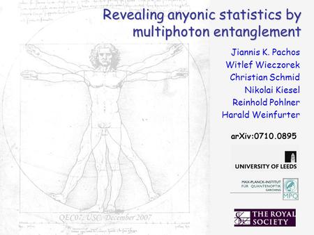 Revealing anyonic statistics by multiphoton entanglement Jiannis K. Pachos Witlef Wieczorek Christian Schmid Nikolai Kiesel Reinhold Pohlner Harald Weinfurter.