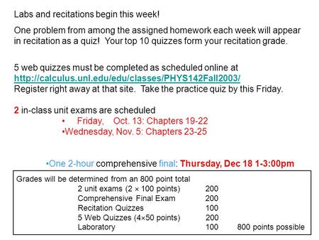 Labs and recitations begin this week! One problem from among the assigned homework each week will appear in recitation as a quiz! Your top 10 quizzes form.