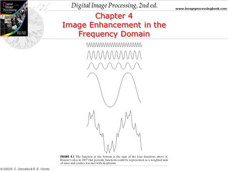 Digital Image Processing, 2nd ed. www.imageprocessingbook.com © 2002 R. C. Gonzalez & R. E. Woods Chapter 4 Image Enhancement in the Frequency Domain Chapter.