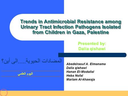 المضادات الحيوية.....الى أين؟ اليوم العلمي Presented by: Dalia qishawi Trends in Antimicrobial Resistance among Urinary Tract Infection Pathogens Isolated.