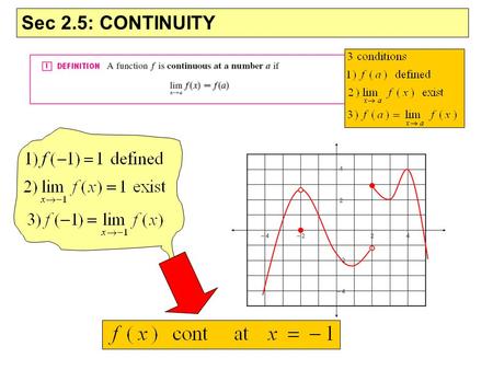 Sec 2.5: CONTINUITY. Study continuity at x = 4 Sec 2.5: CONTINUITY Study continuity at x = 2.