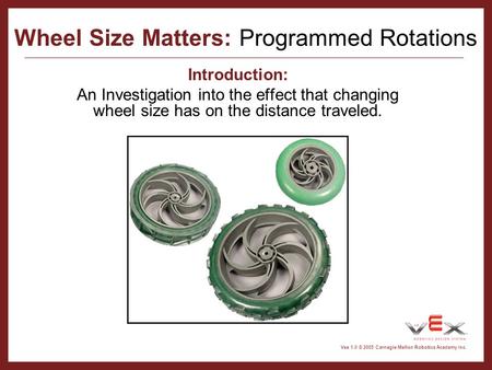 Copyright Carnegie Mellon Robotics Academy all rights reserved Vex 1.0 © 2005 Carnegie Mellon Robotics Academy Inc. Wheel Size Matters: Programmed Rotations.