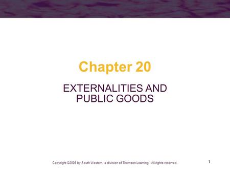 1 Chapter 20 EXTERNALITIES AND PUBLIC GOODS Copyright ©2005 by South-Western, a division of Thomson Learning. All rights reserved.