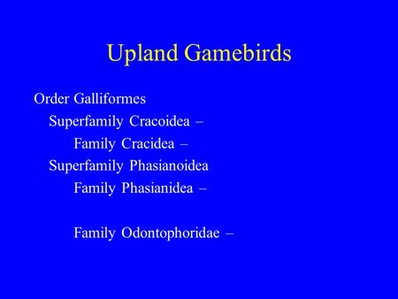 Upland Gamebirds Order Galliformes Superfamily Cracoidea – Family Cracidea – Superfamily Phasianoidea Family Phasianidea – Family Odontophoridae –