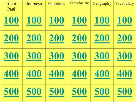 Life of Paul JourneysGalatians Thessalonians GeographyVocabulary 100 200 300 400 500.