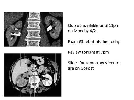 Quiz #5 available until 11pm on Monday 6/2. Exam #3 rebuttals due today Review tonight at 7pm Slides for tomorrow’s lecture are on GoPost.