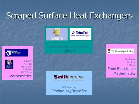 Scraped Surface Heat Exchangers B Duffy A D Fitt M E-M Lee C P Please S K Wilson Mathematics U Blomstedt, N Hall-Taylor, J Mathisson Industry M J Baines.