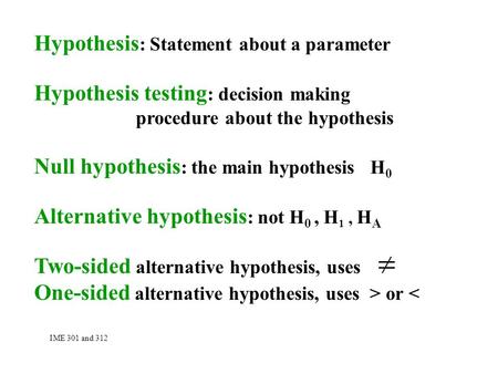 Hypothesis : Statement about a parameter Hypothesis testing : decision making procedure about the hypothesis Null hypothesis : the main hypothesis H 0.