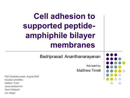 Cell adhesion to supported peptide- amphiphile bilayer membranes Badriprasad Ananthanarayanan Advised by Matthew Tirrell PhD Candidacy exam, August 2004.