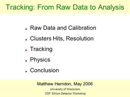 BEACH 04J. Piedra1 Tracking: From Raw Data to Analysis Raw Data and Calibration Clusters Hits, Resolution Tracking Physics Conclusion Matthew Herndon,