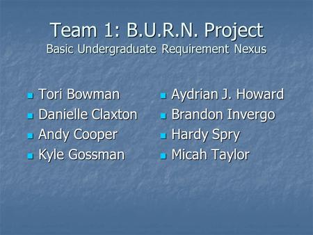 Team 1: B.U.R.N. Project Basic Undergraduate Requirement Nexus Tori Bowman Tori Bowman Danielle Claxton Danielle Claxton Andy Cooper Andy Cooper Kyle Gossman.