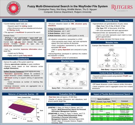 Fuzzy Multi-Dimensional Search in the Wayfinder File System Christopher Peery, Wei Wang, Amélie Marian, Thu D. Nguyen Computer Science Department, Rutgers.