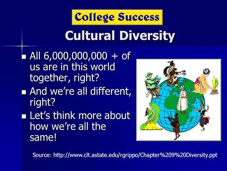 Cultural Diversity All 6,000,000,000 + of us are in this world together, right? All 6,000,000,000 + of us are in this world together, right? And we’re.