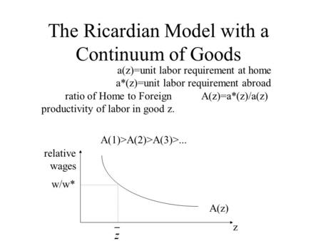 The Ricardian Model with a Continuum of Goods a(z)=unit labor requirement at home a*(z)=unit labor requirement abroad A(z)=a*(z)/a(z) ratio of Home to.