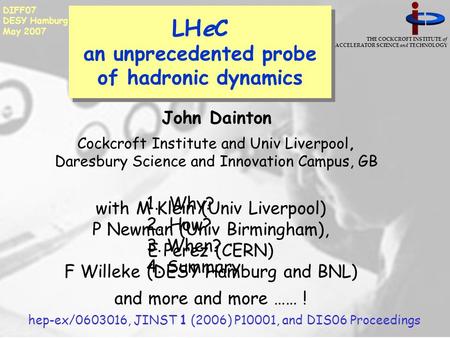 DIFF07 DESY Hamburg May 2007 THE COCKCROFT INSTITUTE of ACCELERATOR SCIENCE and TECHNOLOGY with M Klein (Univ Liverpool) P Newman (Univ Birmingham), E.