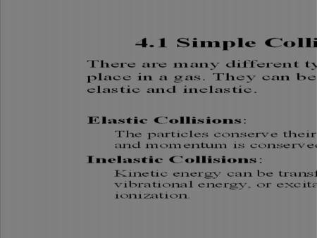 Prof. Reinisch, EEAS 85.483/511. 4.1 Simple Collision Parameters (1) There are many different types of collisions taking place in a gas. They can be grouped.