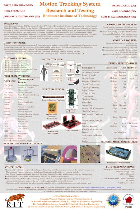 Motion Tracking System Research and Testing Rochester Institute of Technology DAVID J. MONAHAN (ME) JIM K. STERN (ME) JAHANAVI S. GAUTHAMAN (EE) BRIAN.