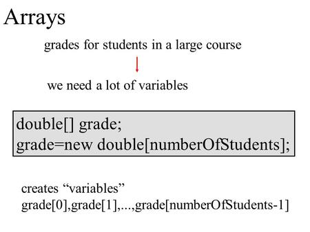 Arrays grades for students in a large course we need a lot of variables double[] grade; grade=new double[numberOfStudents]; creates “variables” grade[0],grade[1],...,grade[numberOfStudents-1]