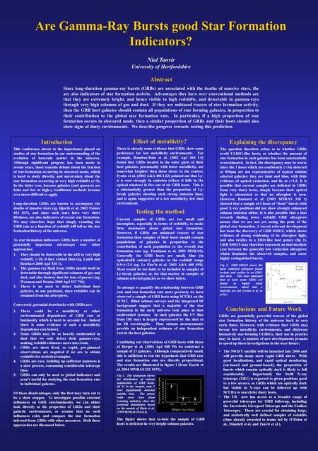 Are Gamma-Ray Bursts good Star Formation Indicators? Introduction This conference attests to the importance placed on studies of star formation in our.