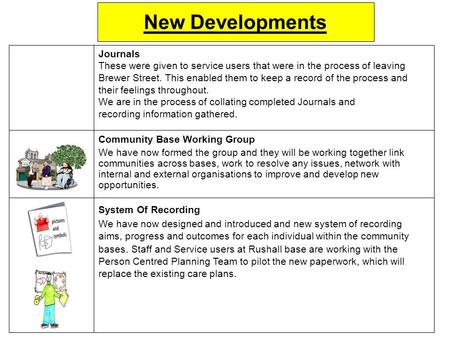 New Developments Journals These were given to service users that were in the process of leaving Brewer Street. This enabled them to keep a record of the.