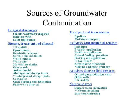 Sources of Groundwater Contamination Designed discharges On-site wastewater disposal Injection wells Land application Storage, treatment and disposal **Landfill.